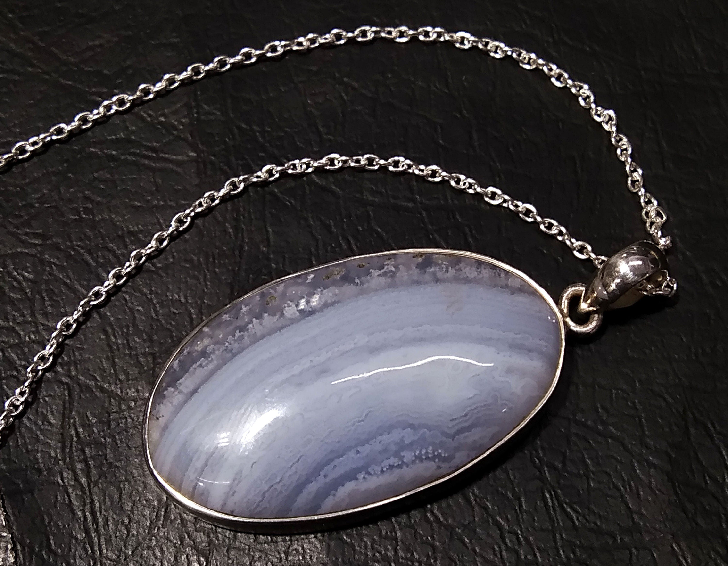 Natural Blue Lace Agate Gemstone Pendant, 925 Starling Silver Pendant Chain Necklace, Handmade Jewelry Stone Size 37x21 mm Gift Pendant